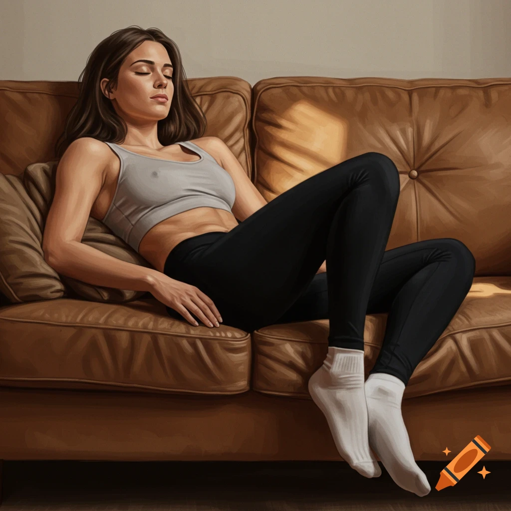 A photorealistic image of an athletic woman in a gray sports bra and black leggings, lying on a brown leather couch with eyes closed.