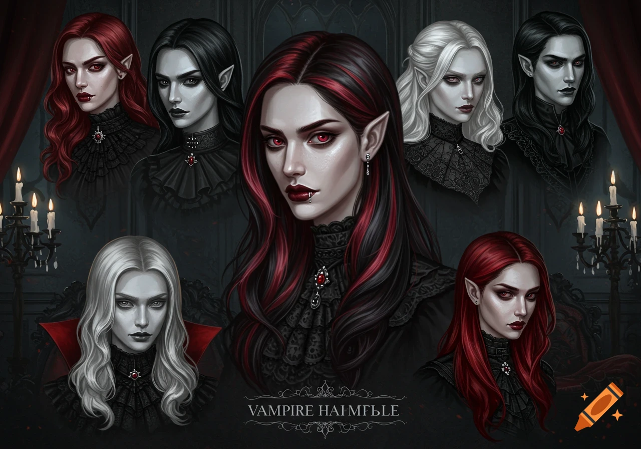 Digital art of female vampires with different hair colors (red, black, white), red eyes, pointed ears, and gothic attire in a dark setting.