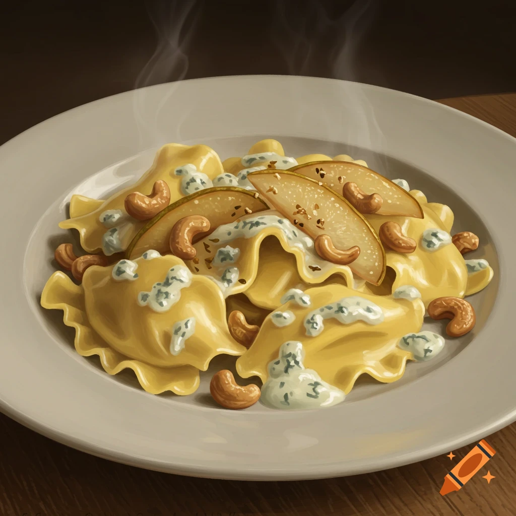 Illustrative depiction of steaming ravioli with blue cheese sauce, sautéed pear slices, and cashews on a white plate.
