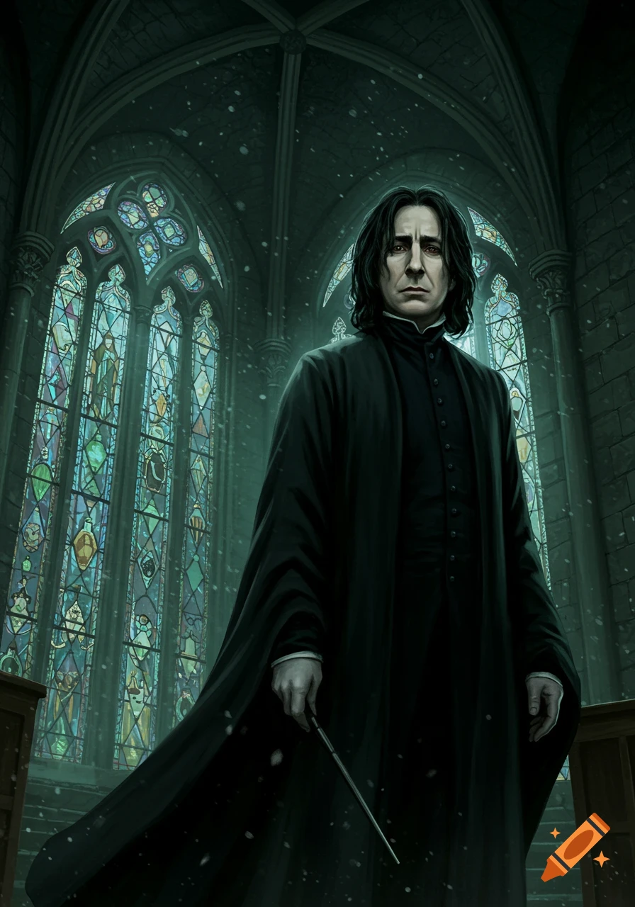 Severus Snape in a dark, gothic hall with ornate stained glass windows, holding a magic wand.
