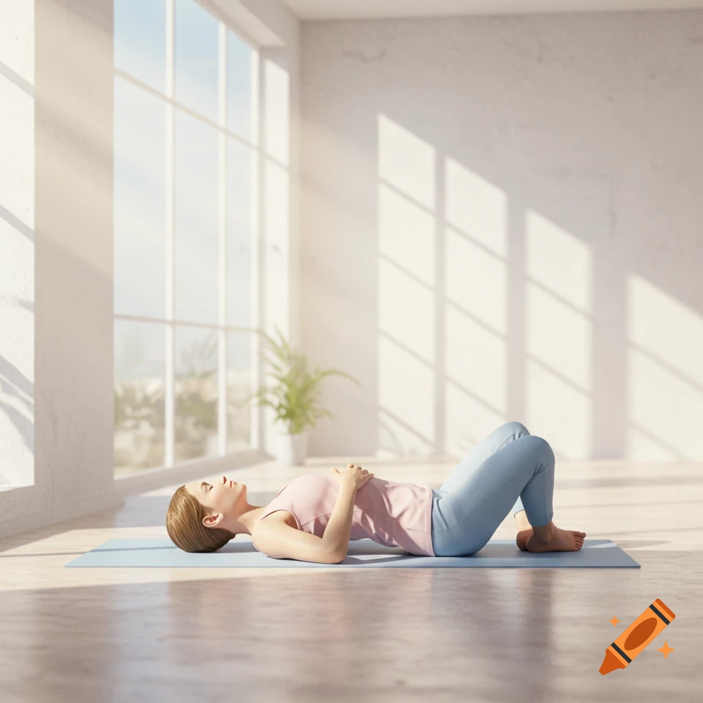 A woman in a pink top and blue leggings lies on a yoga mat, hands on her stomach, eyes closed, in a sunny, minimalist room.
