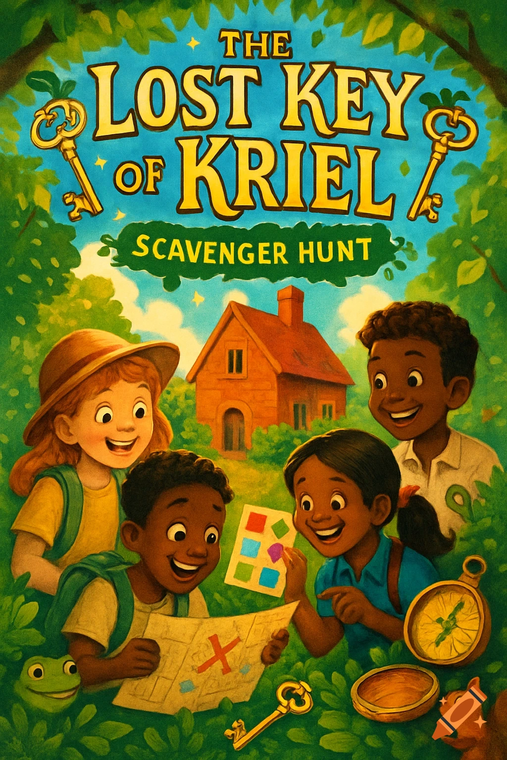 Colorful illustration for a children's scavenger hunt poster. Diverse children hold maps near a red house, with a key and compass, under the title "THE LOST KEY OF KRIEL SCAVENGER HUNT".