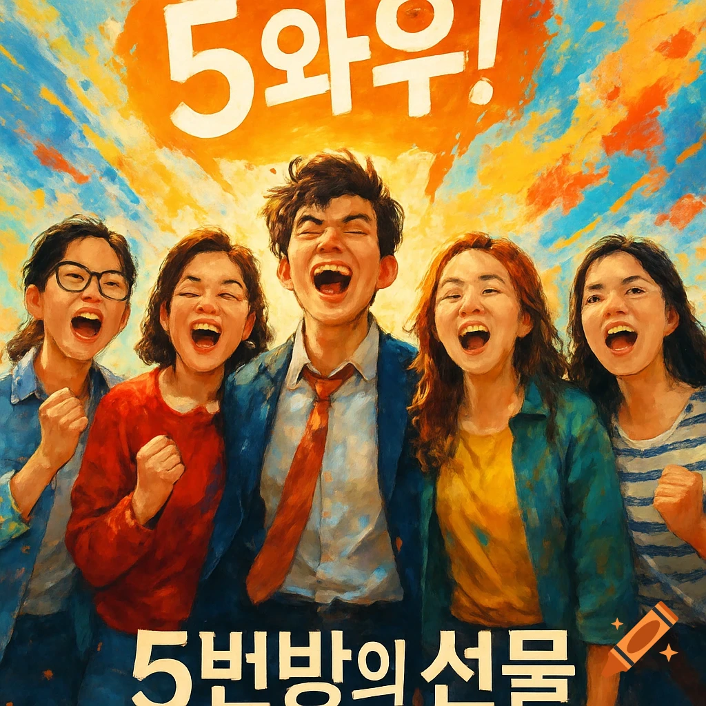 A painterly image of five cheering students, one man and four women, with Korean text '5와우!' and '5번방의 선물' on a vibrant background.