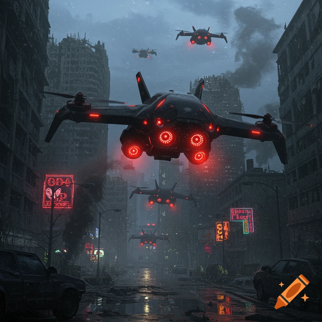 Black futuristic drones with red lights fly over a wet, ruined city street with abandoned cars and neon signs under a cloudy sky, dystopian style.