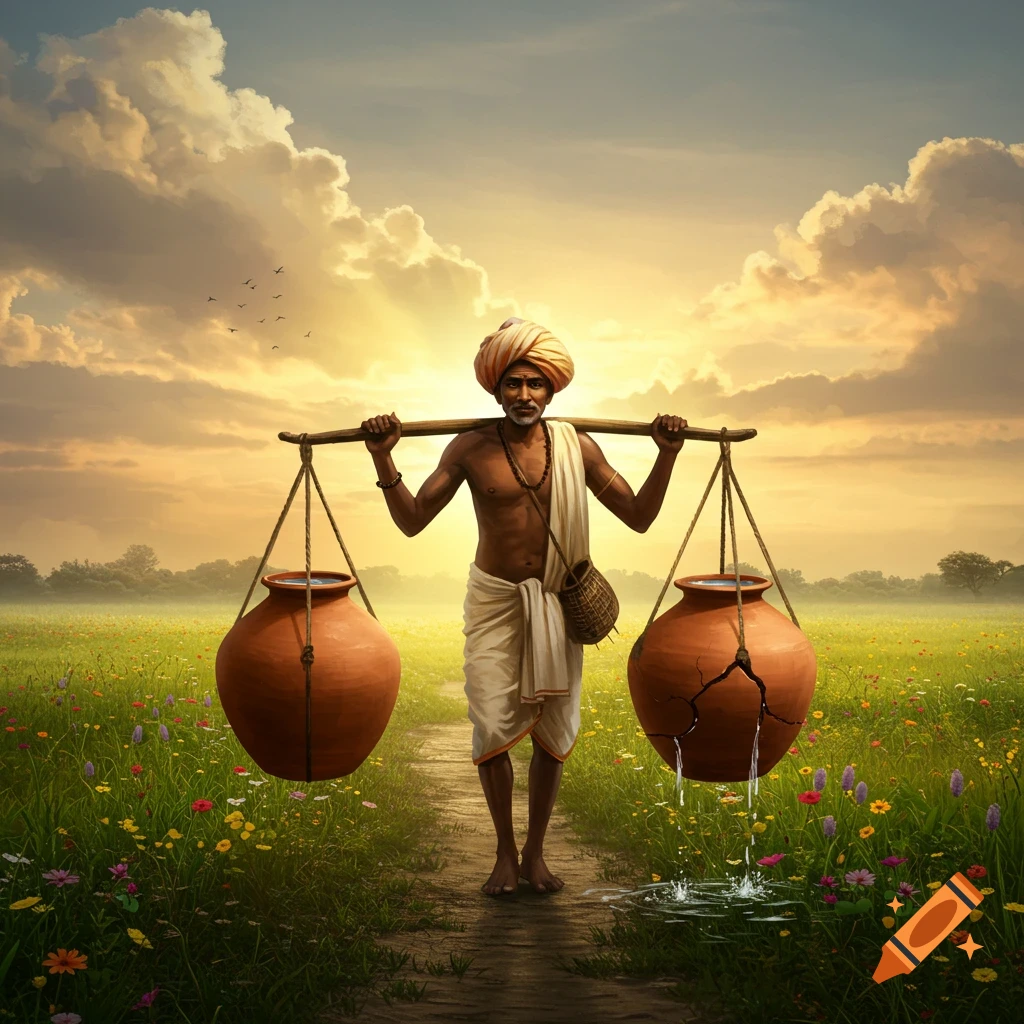 An Indian man carries two water jars on a yoke through a vibrant field at sunset; one jar is cracked and leaking. Stylized art.