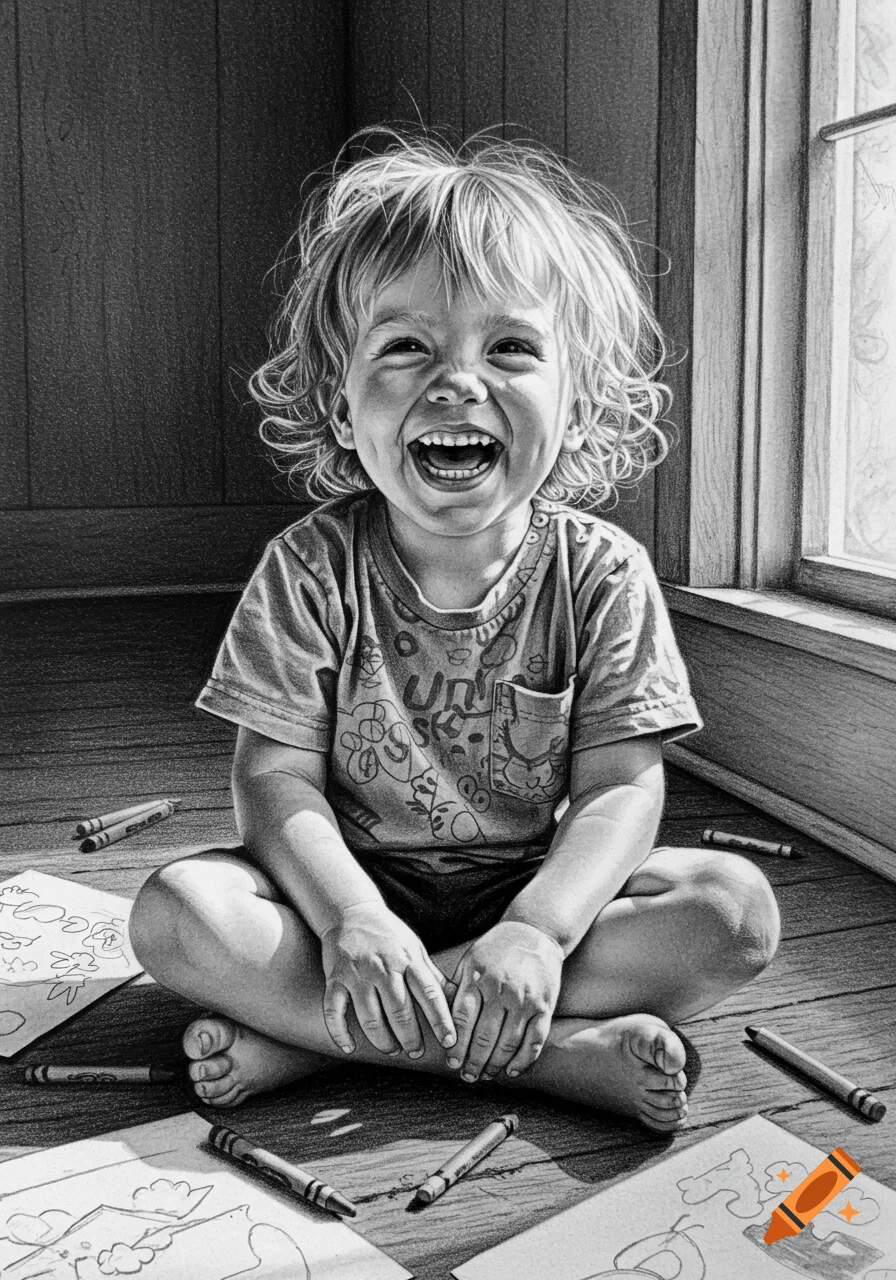 A black and white pencil drawing of a joyful young child with curly hair, sitting on a wooden floor surrounded by crayons and drawings, laughing brightly into the camera.