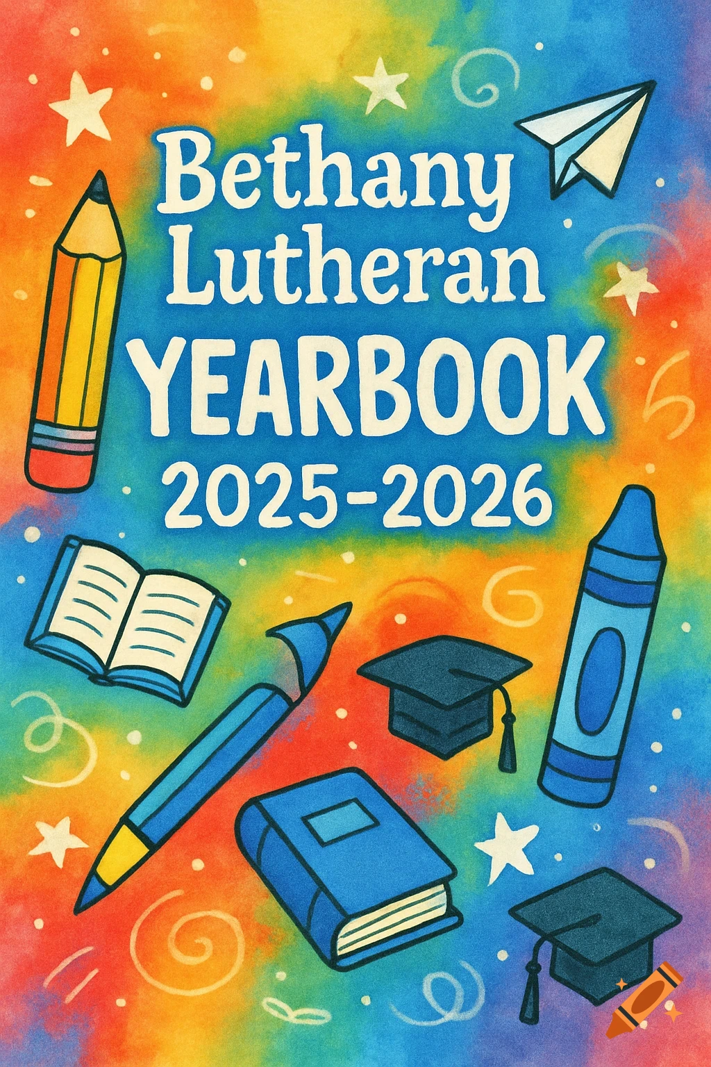 Colorful illustrated yearbook cover with "Bethany Lutheran YEARBOOK 2025-2026" text, surrounded by school supplies like pencils, books, and graduation caps on a rainbow background.
