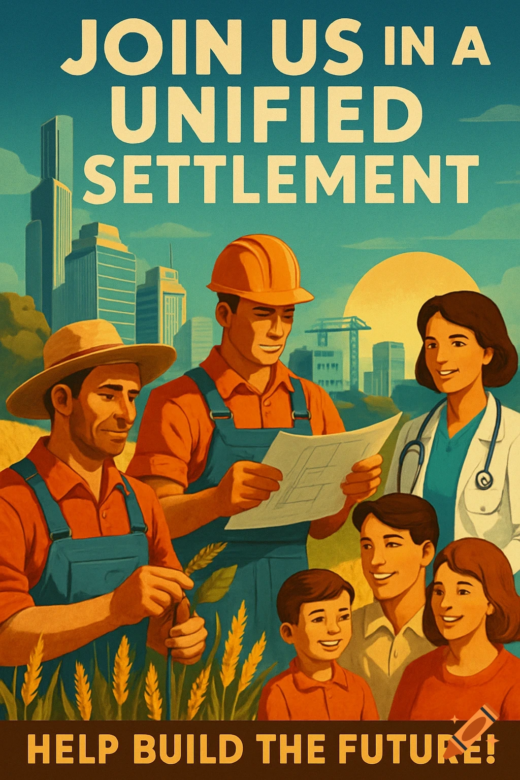 Retro recruitment poster with diverse people (farmer, builder, doctor, children) and cityscape, text: 'JOIN US IN A UNIFIED SETTLEMENT HELP BUILD THE FUTURE!'.