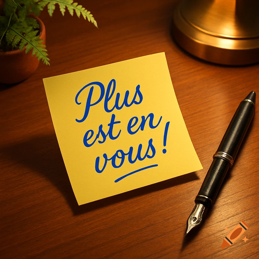 Yellow Post-it note with "Plus est en vous!" in blue script next to a black fountain pen on a wooden desk.