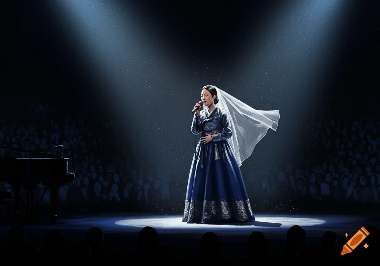 A Korean woman in a blue Hanbok sings into a microphone on a dark stage under a spotlight, with an audience in the background.
