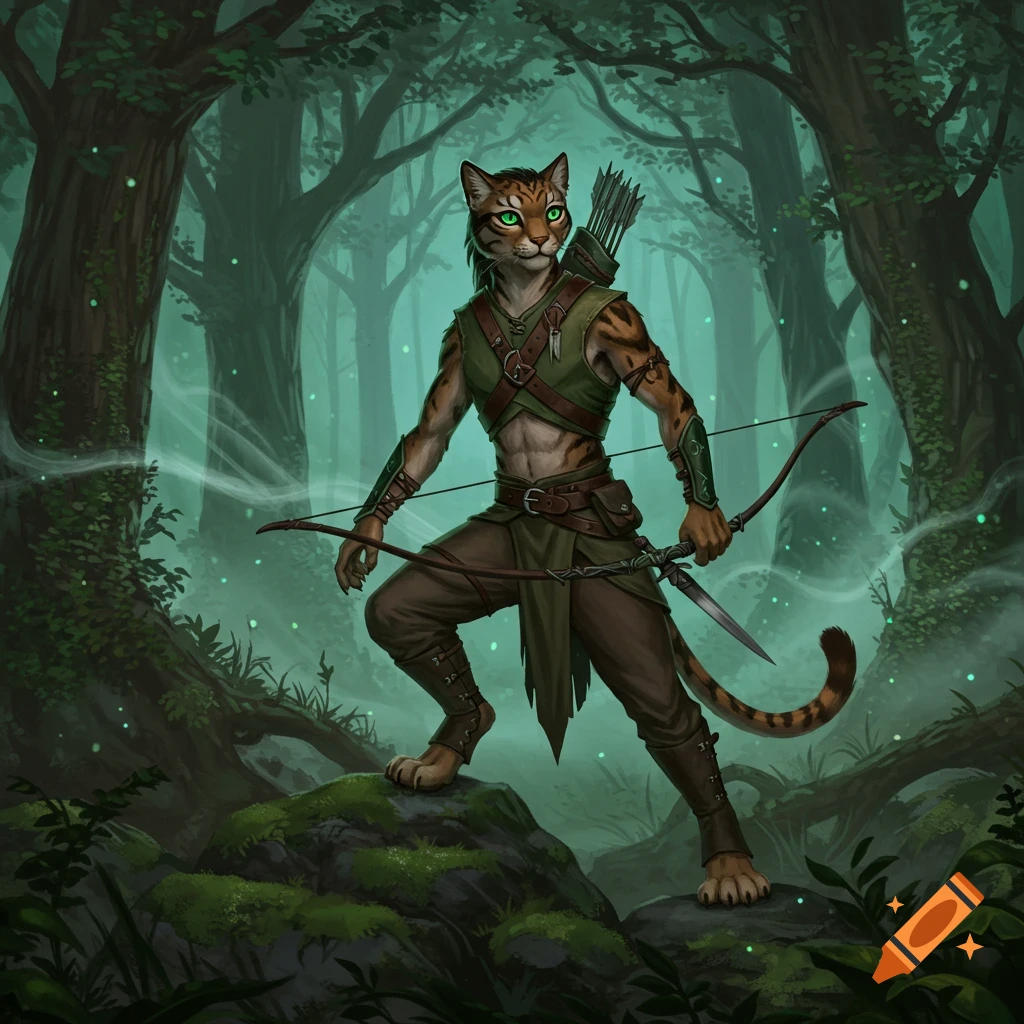 A male Tabaxi ranger with green eyes, dressed in green and brown leather armor, holding a bow and dagger, stands in a mystical forest.