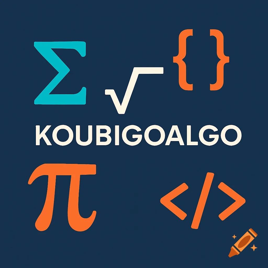 Modern minimalist logo with 'KOUBIGOALGO' in white, surrounded by teal Sigma, white square root, orange curly braces, orange Pi, and orange code tag symbols on a dark blue background.