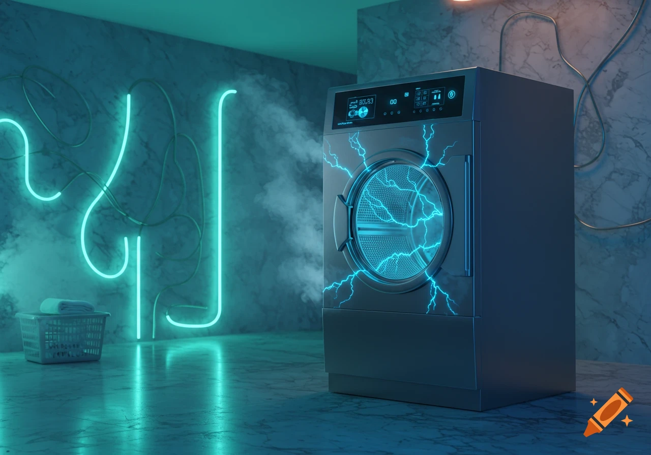 A dark, futuristic laundry room with a washing machine emitting blue electricity and steam, set against a marble wall with glowing neon tubes.