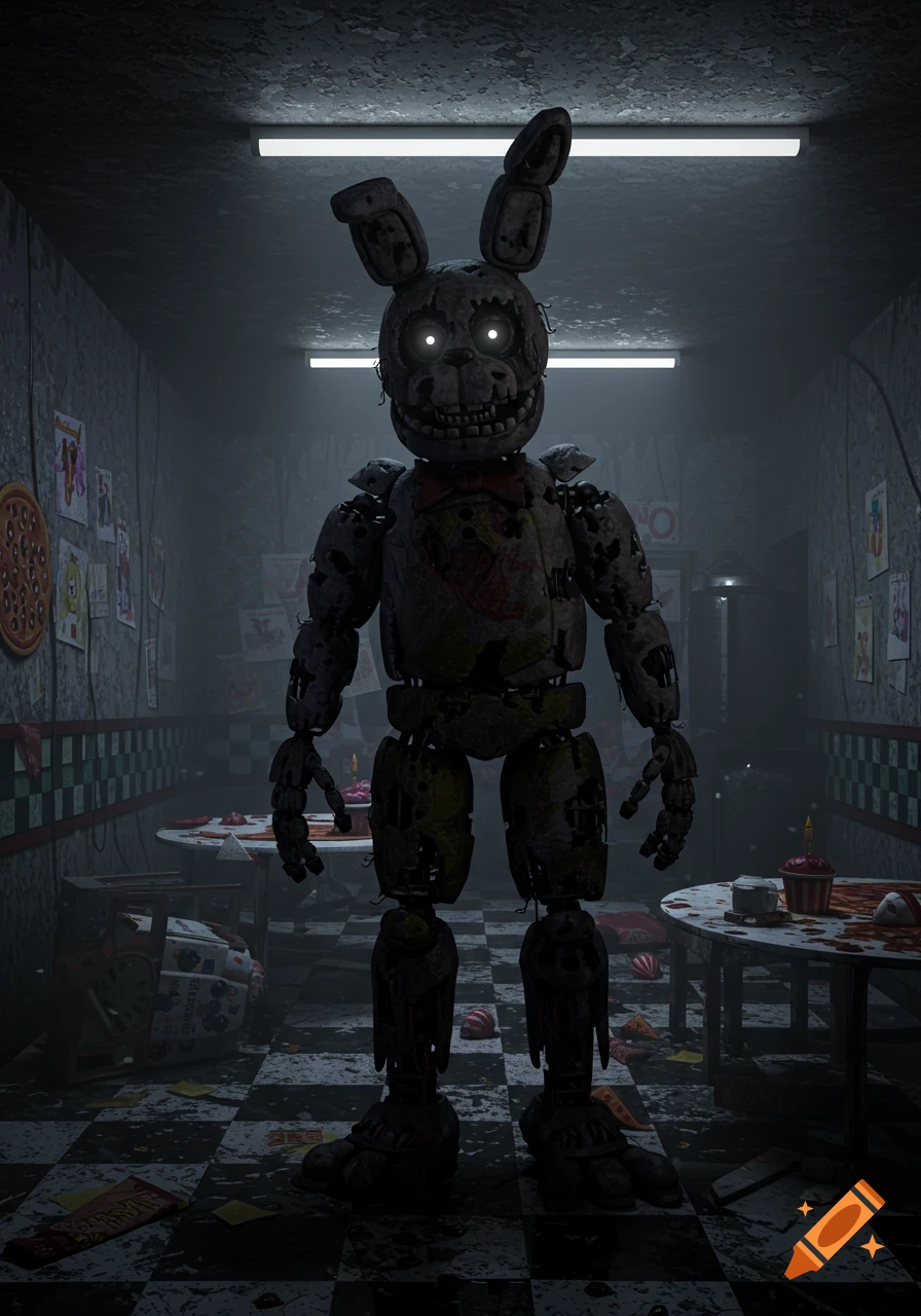A spooky, decayed animatronic rabbit with glowing white eyes stands in a dark, messy abandoned restaurant.