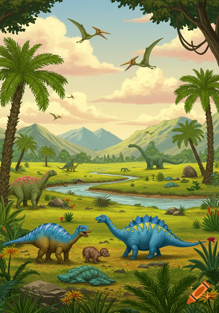 A vibrant cartoon illustration of a prehistoric landscape with various dinosaurs, palm trees, mountains, and a winding river.