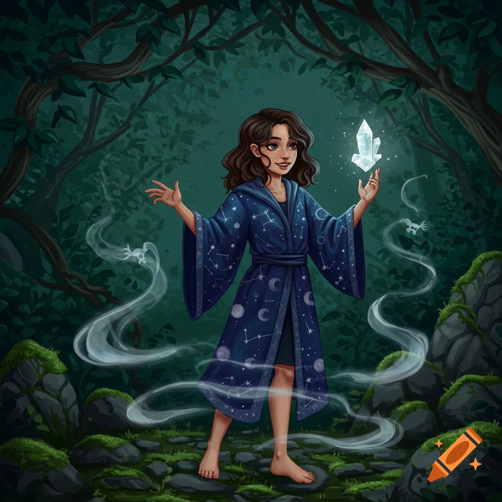 A young witch with dark brown curly hair in a blue celestial-patterned robe holds a glowing crystal, standing barefoot in a mystical forest.
