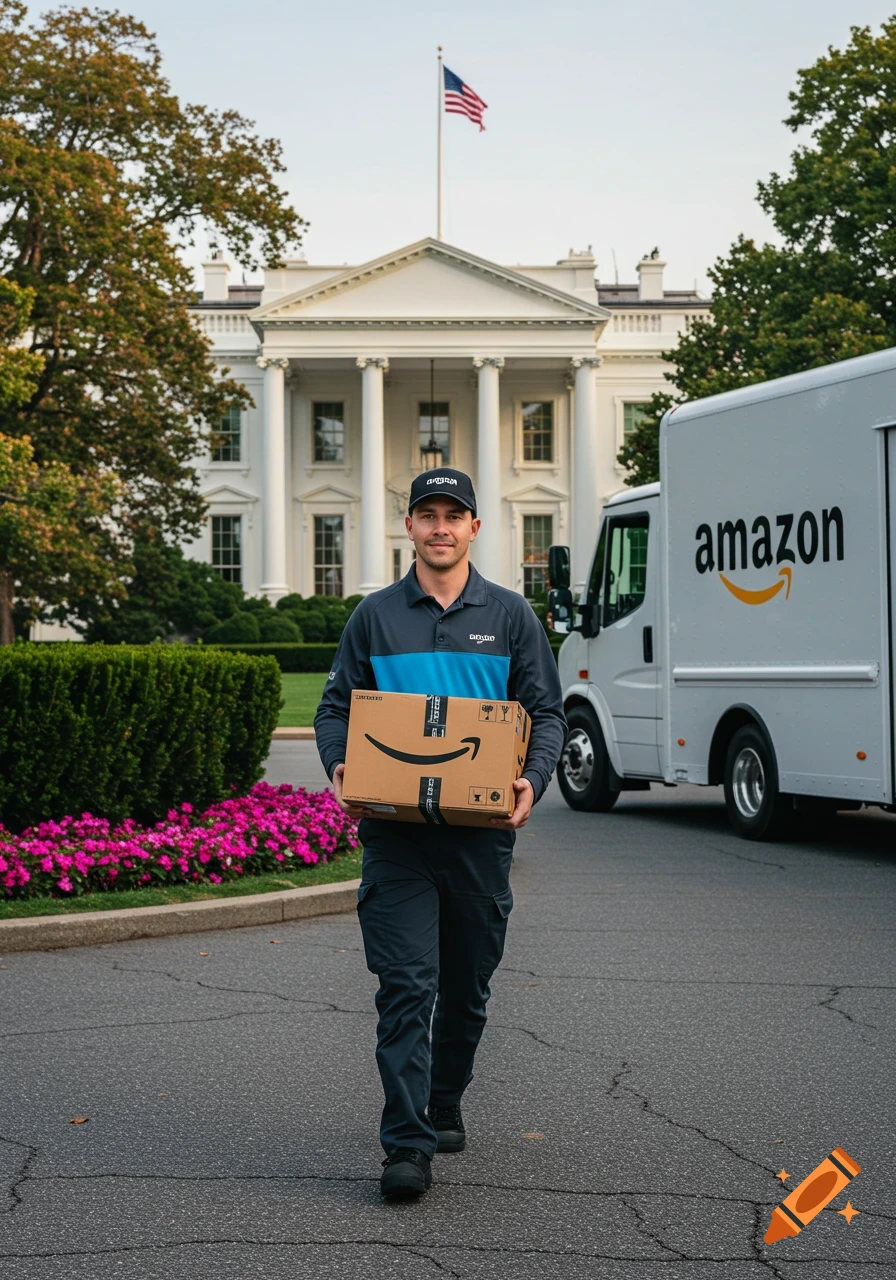 An Amazon delivery driver holds a package, walking in front of the White House with an Amazon truck parked nearby.