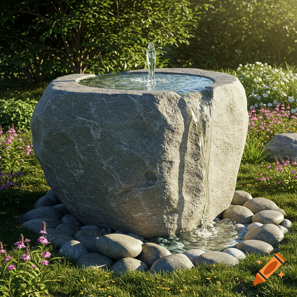 A realistic stone water fountain in a lush green garden with sunlight shining through trees.