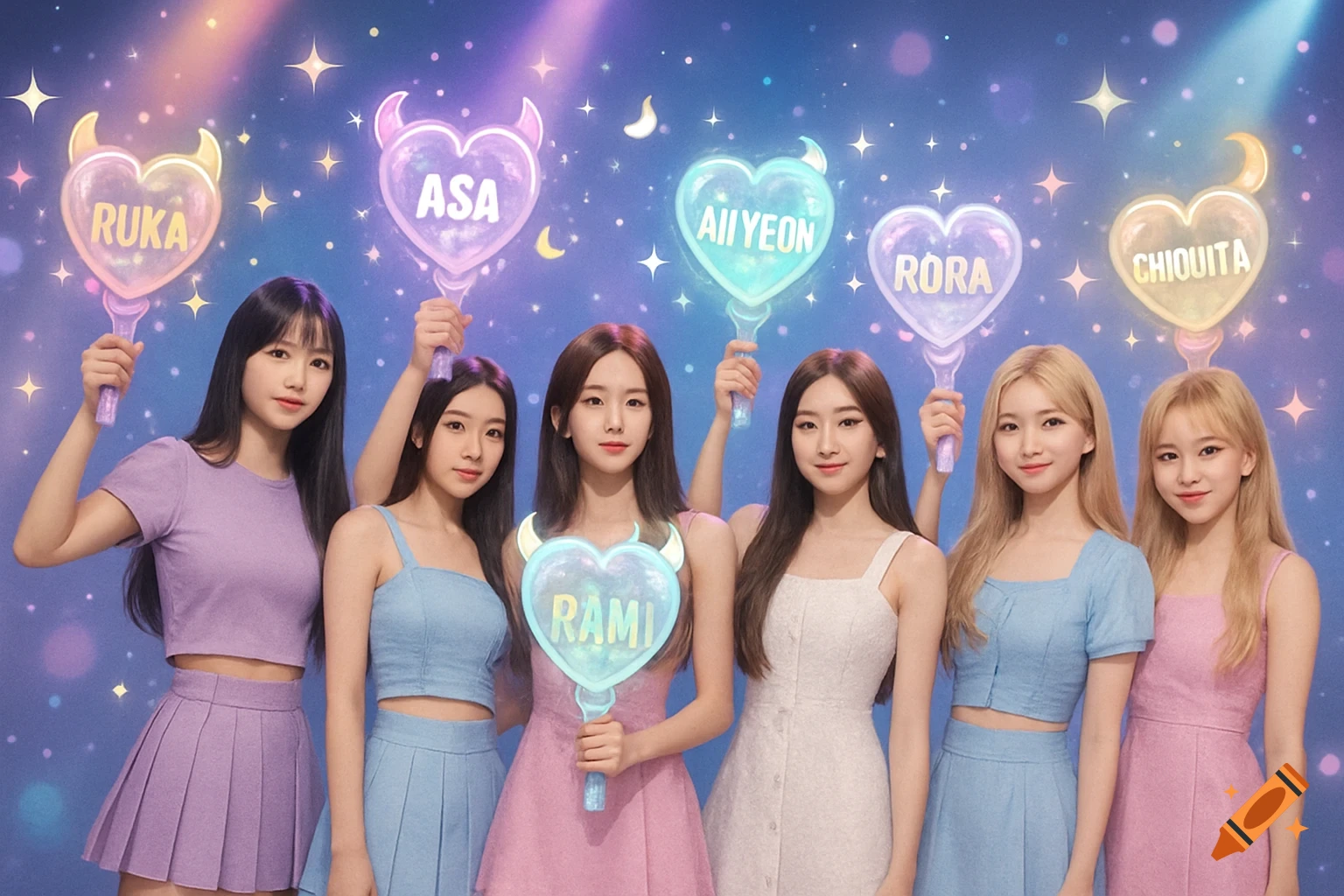 Six young women in pastel outfits, holding glowing heart-shaped light sticks with names like 'RUKA' and 'ASA', against a starry, dreamy background.