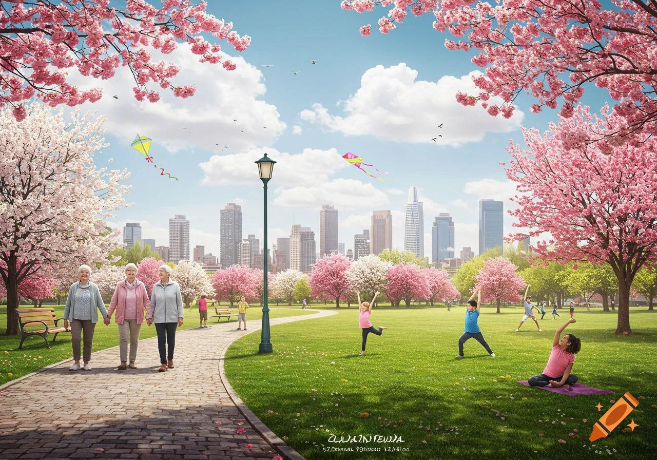 Vibrant spring park with cherry blossom trees, people walking and exercising, and a city skyline under a blue sky.