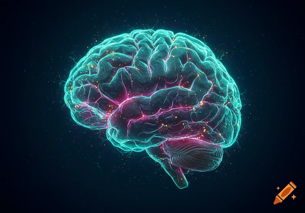 A glowing, highly stylized human brain with teal and pink neural pathways and sparkling particles against a dark background.