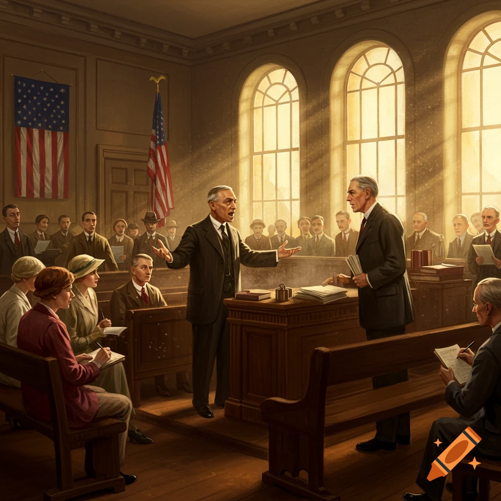 A man in a suit speaks passionately from a podium in a sunlit courtroom with arched windows and American flags, while others listen and take notes.