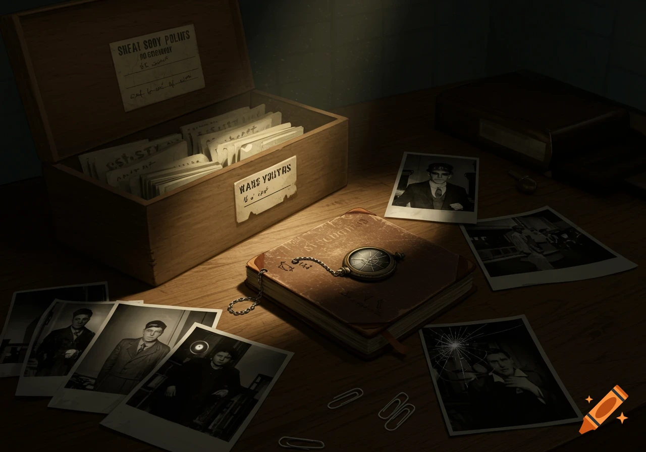 An overhead view of a dimly lit desk with a wooden filing box, old black and white photographs, a journal with a compass, and paper clips, evoking a detective's office.