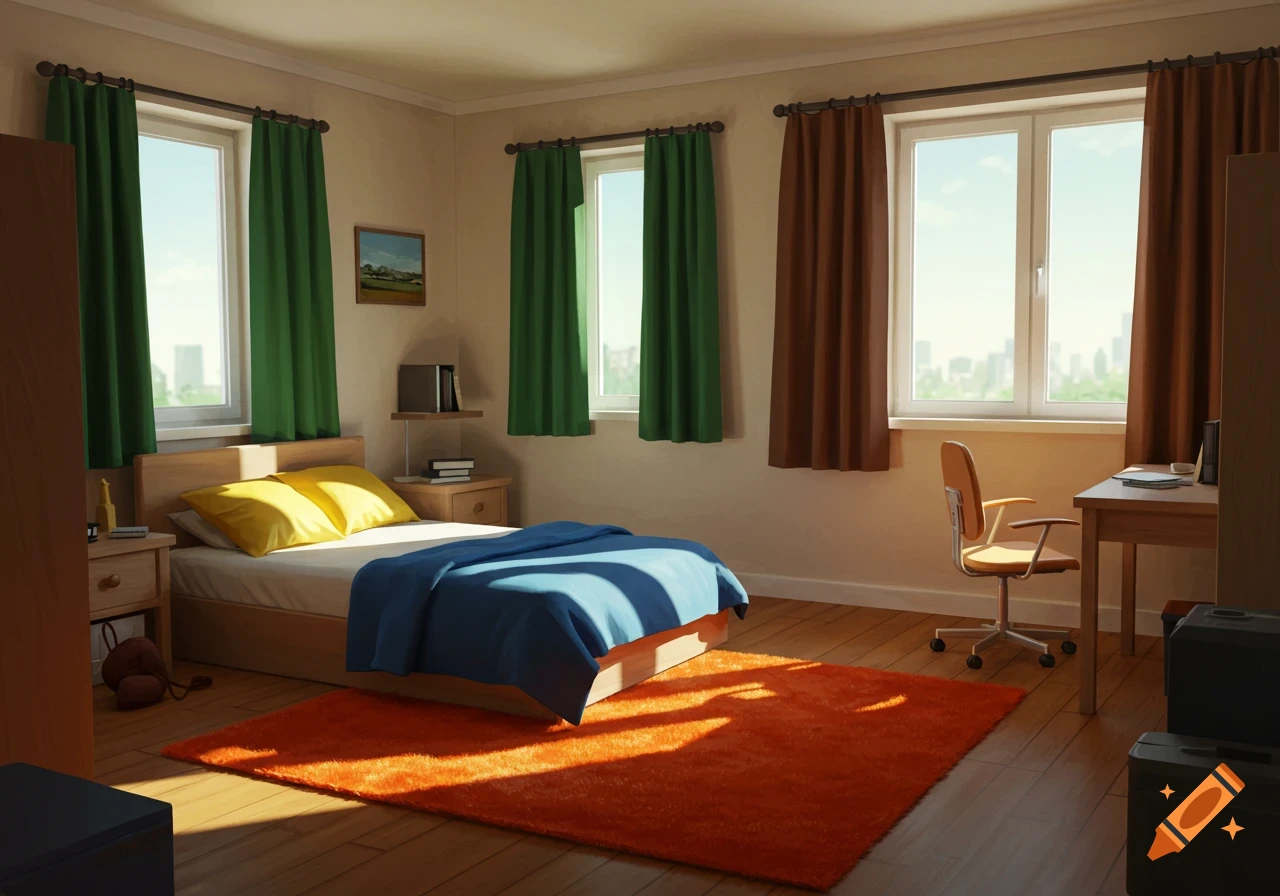 A well-lit, animated-style bedroom with a bed, desk, and an orange rug, featuring green and brown curtains.