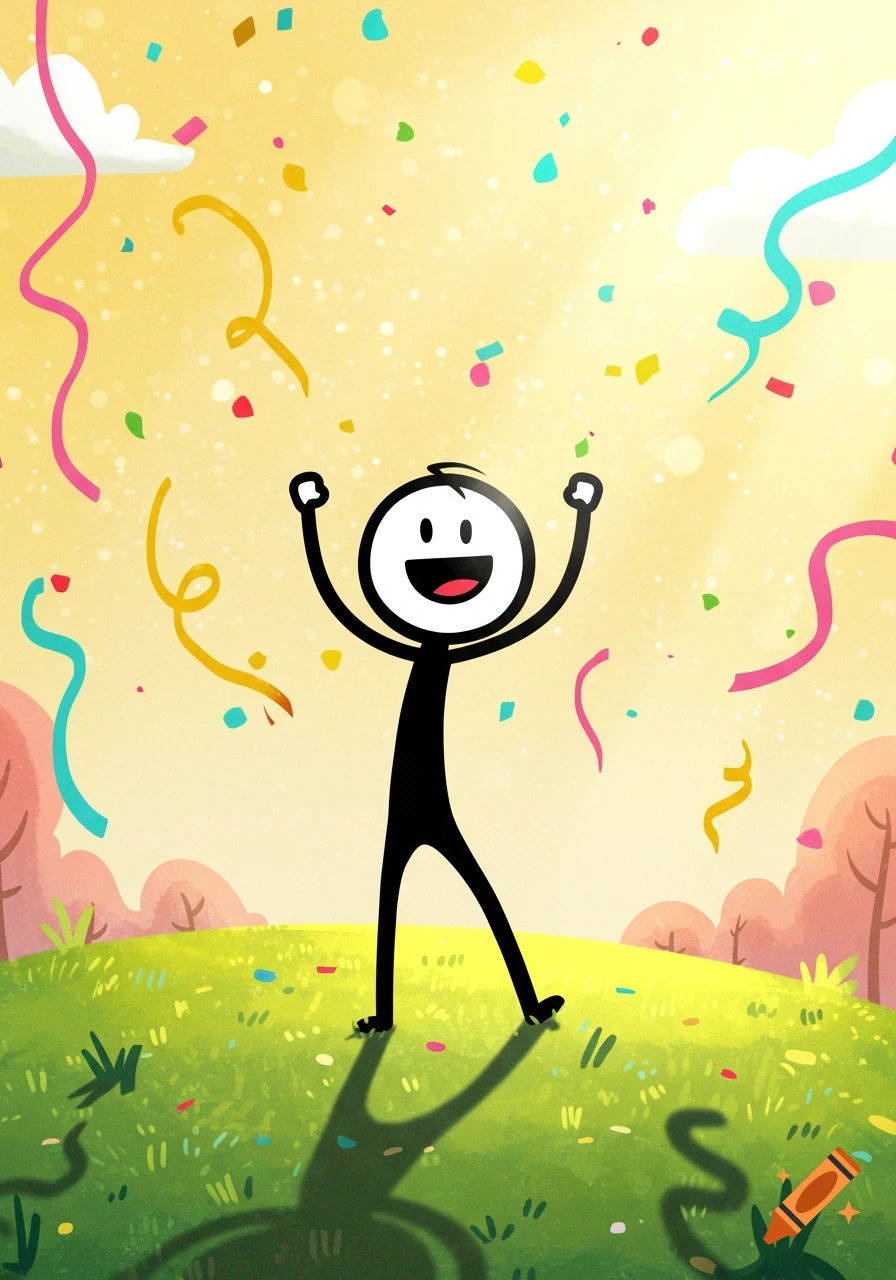 A happy stick figure celebrates with arms raised amidst falling confetti and streamers in a bright cartoon outdoor scene.