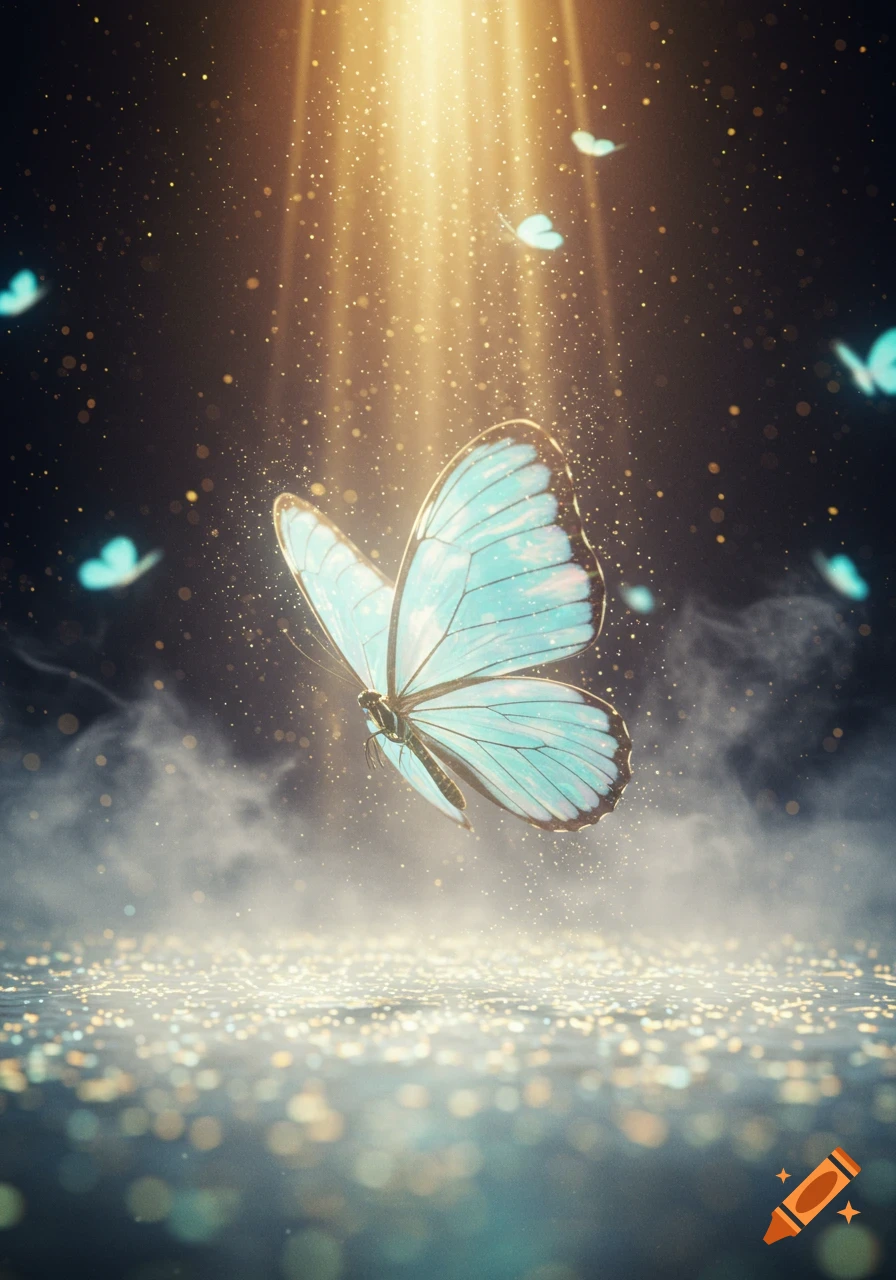 A light blue butterfly with prominent wings floats amidst golden sparkling dust and light rays shining down, over a misty, shimmering surface.
