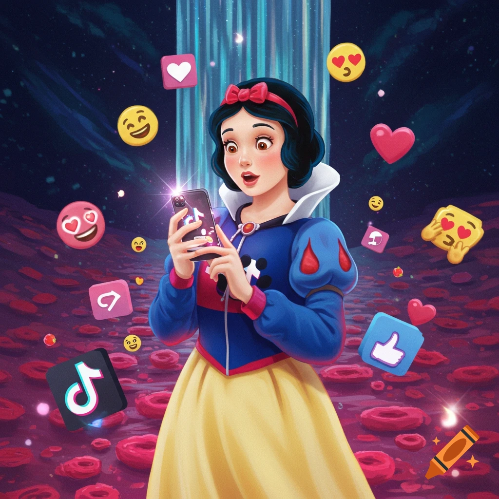 Snow White holds a sparkling smartphone, surprised, surrounded by floating social media emojis and app logos like TikTok, in a stylized dark environment.
