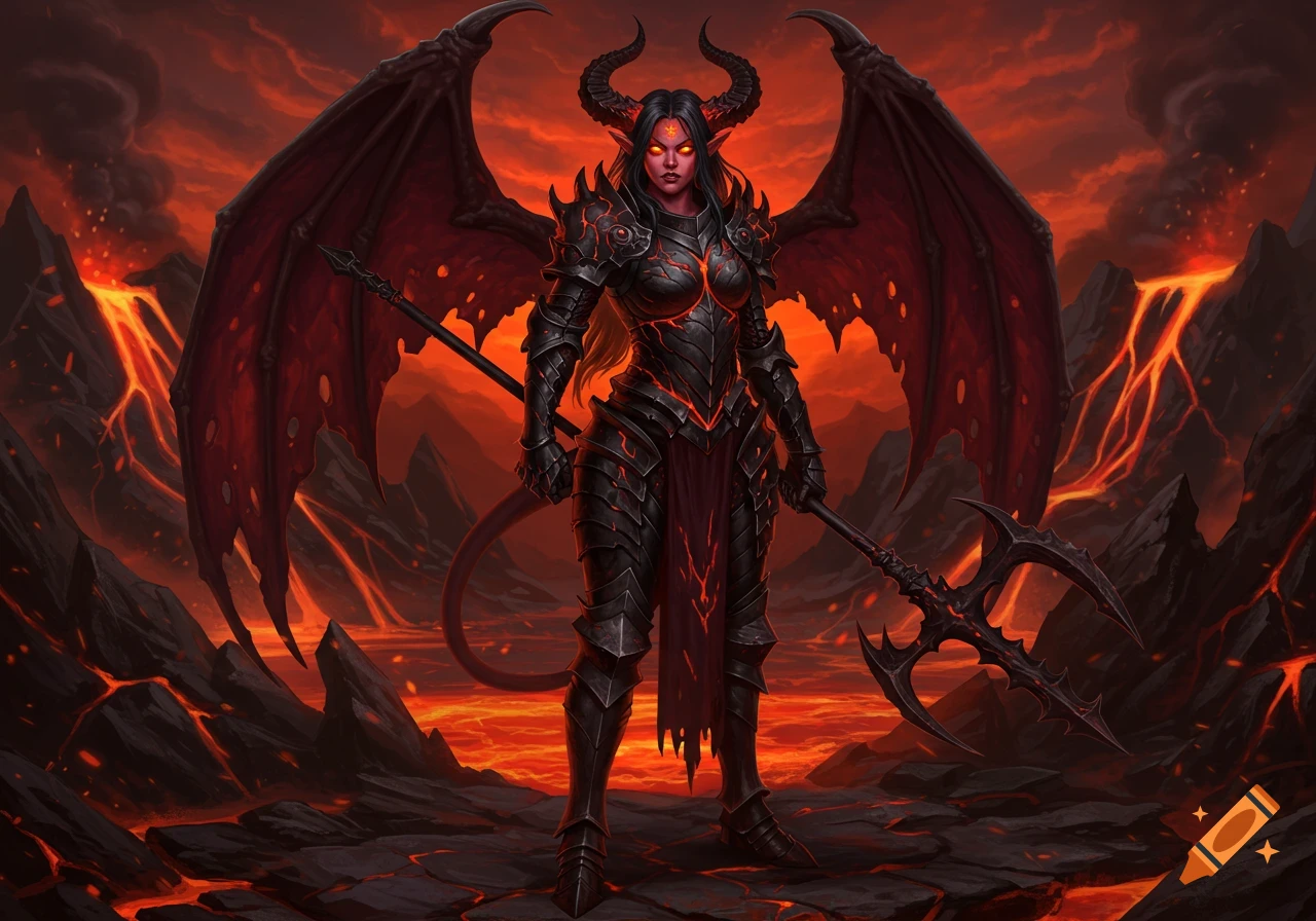 A female devil warrior with horns, wings, dark armor, and glowing red eyes stands in a fiery, lava-filled hellscape.