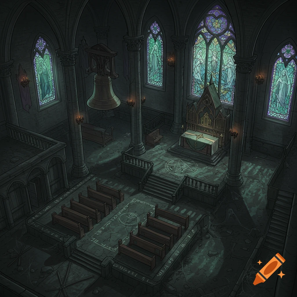 Top-down view of a dark, gothic cathedral interior with stained glass, pews, an altar, and necromantic symbols on the floor.