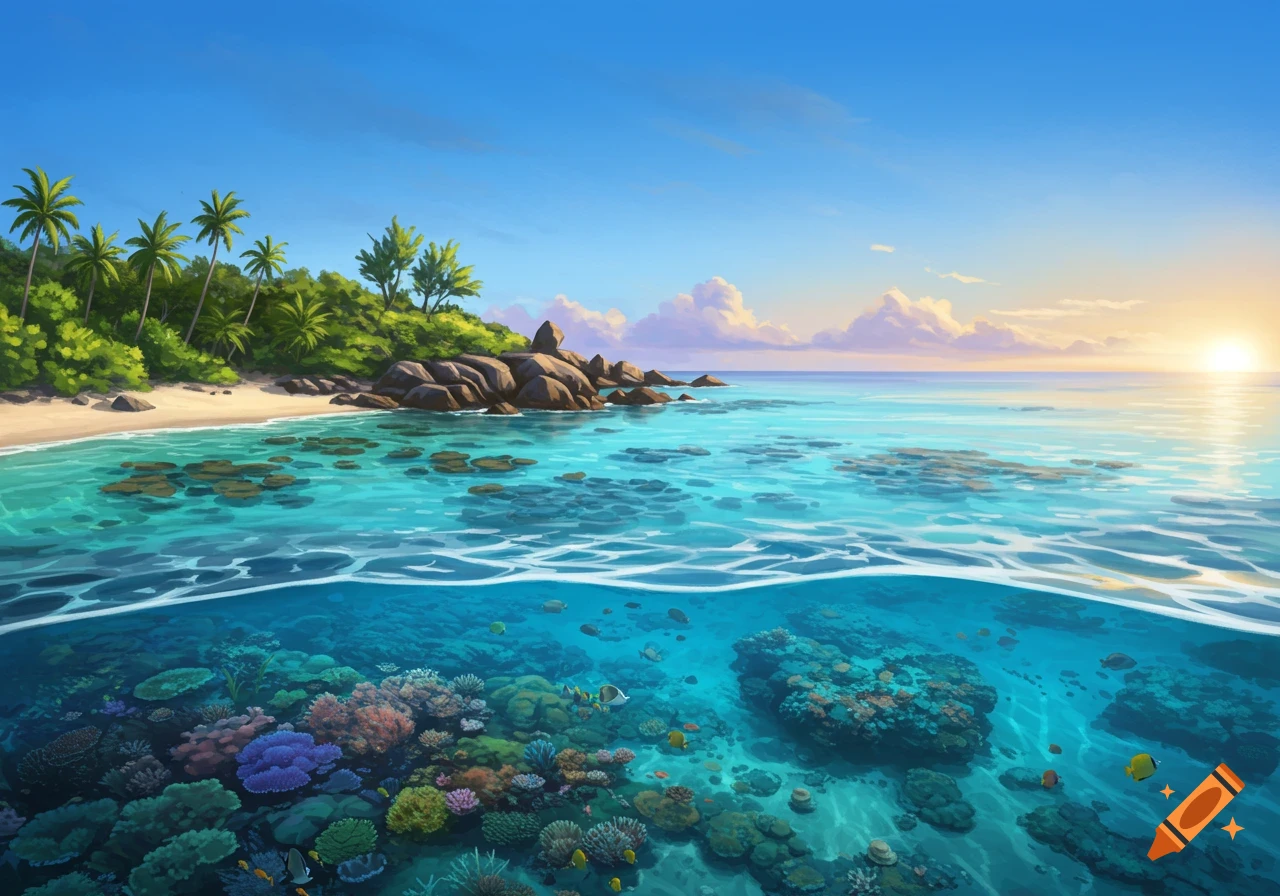 A vibrant illustration of a tropical beach with palm trees, white sand, and clear turquoise water revealing colorful coral reefs and fish underwater, under a bright blue sky and sunset.