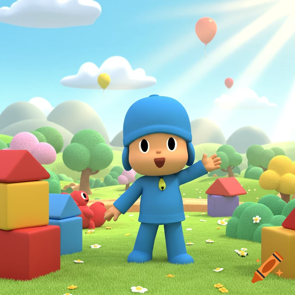 Pocoyo, a blue character, waves cheerfully in a sunny park with colorful toy blocks, red toy, balloons, and green hills under a blue sky.
