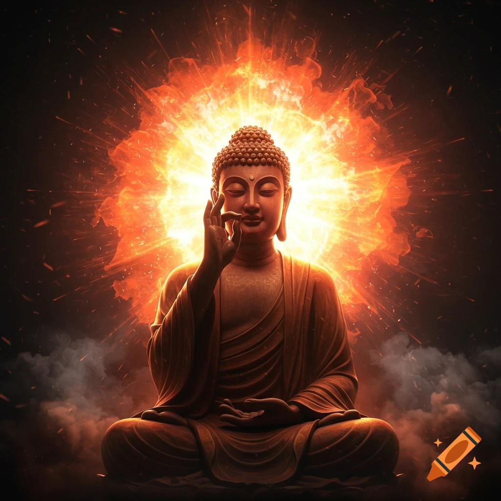 A detailed Buddha figure meditates in lotus position, right hand raised, against a vibrant, fiery explosion of light and smoke.