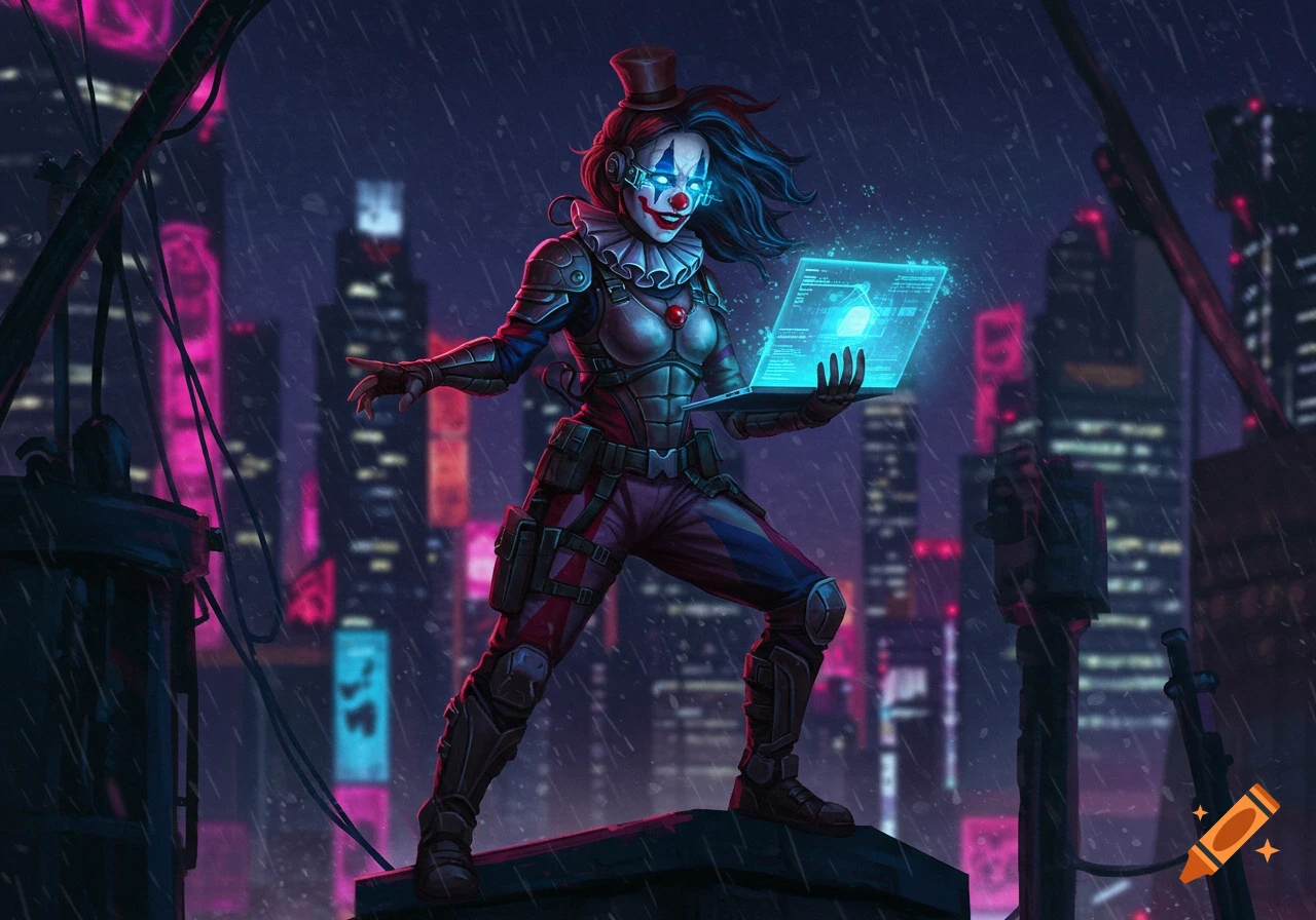 Cyberpunk female clown hacker on a rainy rooftop, holding a glowing laptop. Digital art.