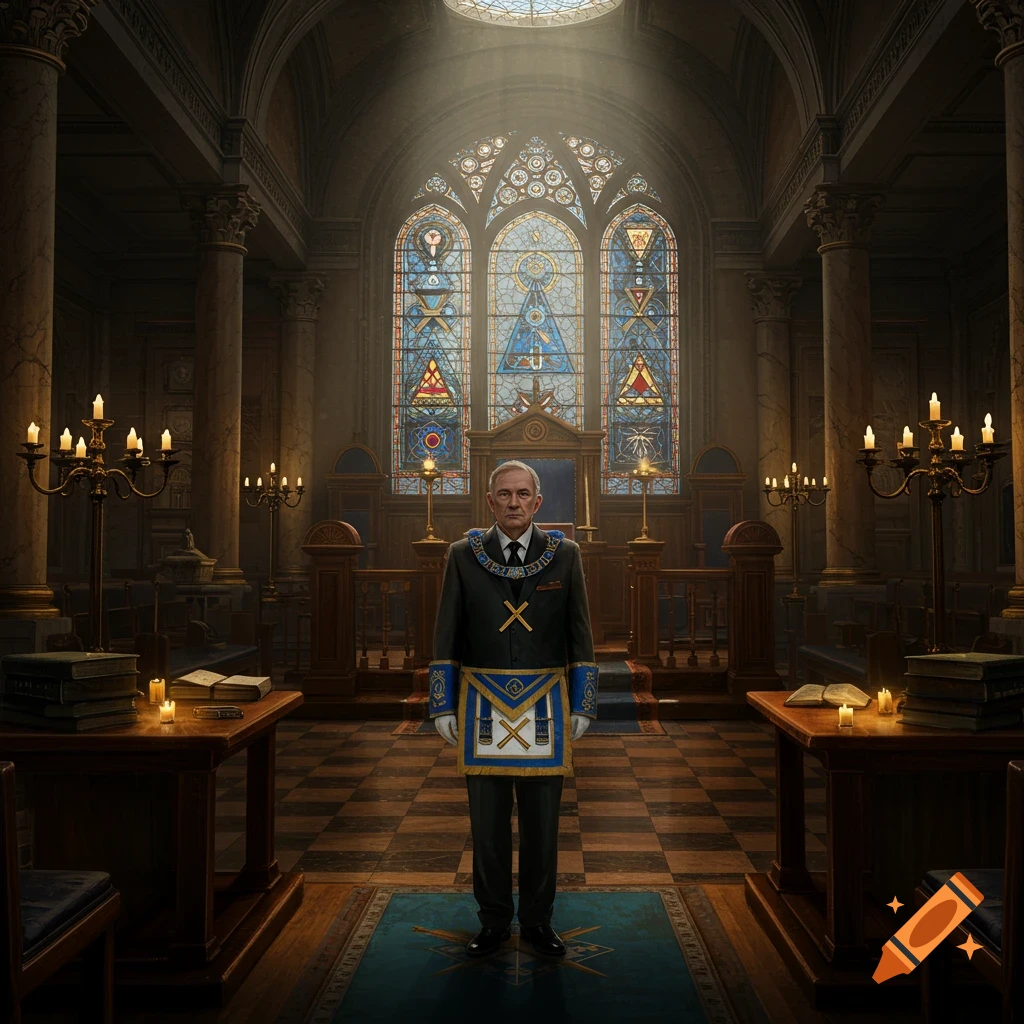 A man in masonic regalia stands in a grand, candlelit lodge with stained glass windows, photorealistic.