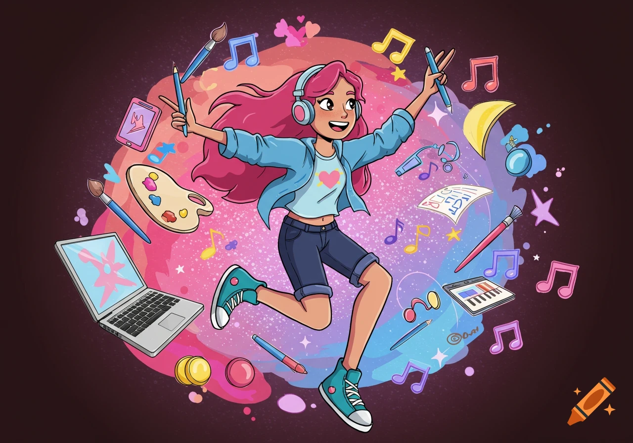 A cheerful cartoon girl with pink hair and headphones leaps joyfully, surrounded by art supplies, musical notes, and technology on a starry background.