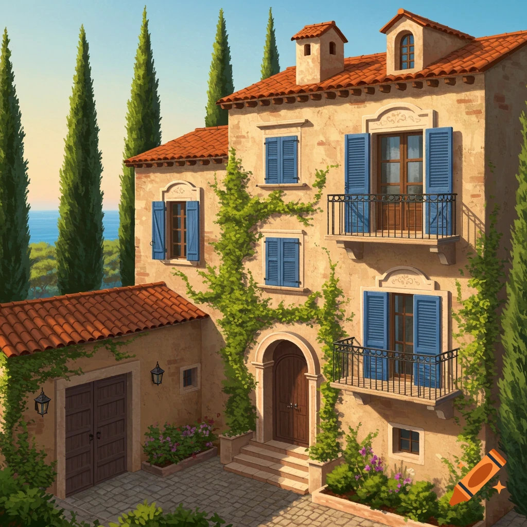 A Mediterranean-style house with terracotta roof tiles, blue shutters, climbing ivy, and cypress trees, overlooking the sea in an illustrative style.