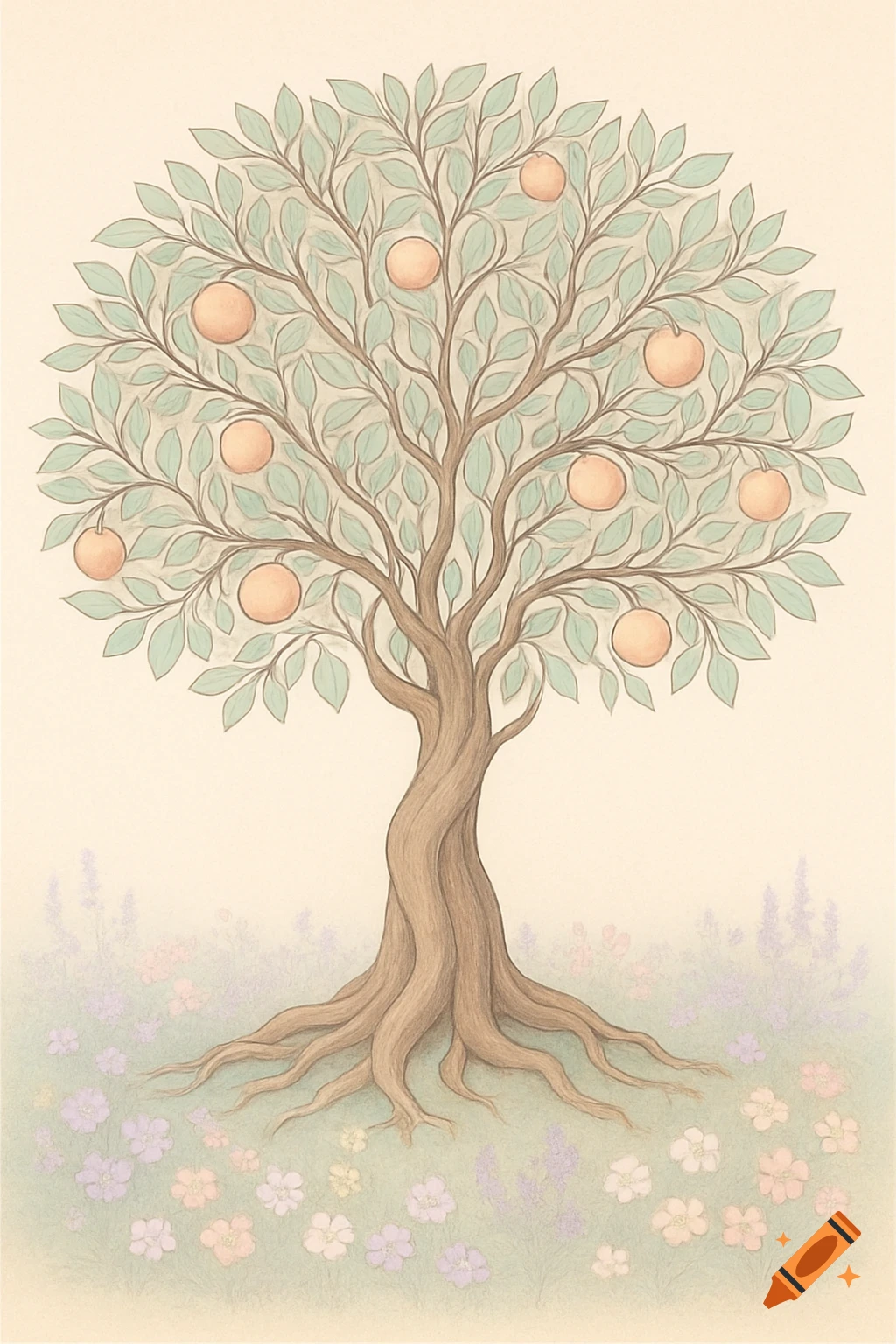 Stylized illustration of a fruit tree with pastel leaves, oranges, and roots, surrounded by delicate pastel flowers.