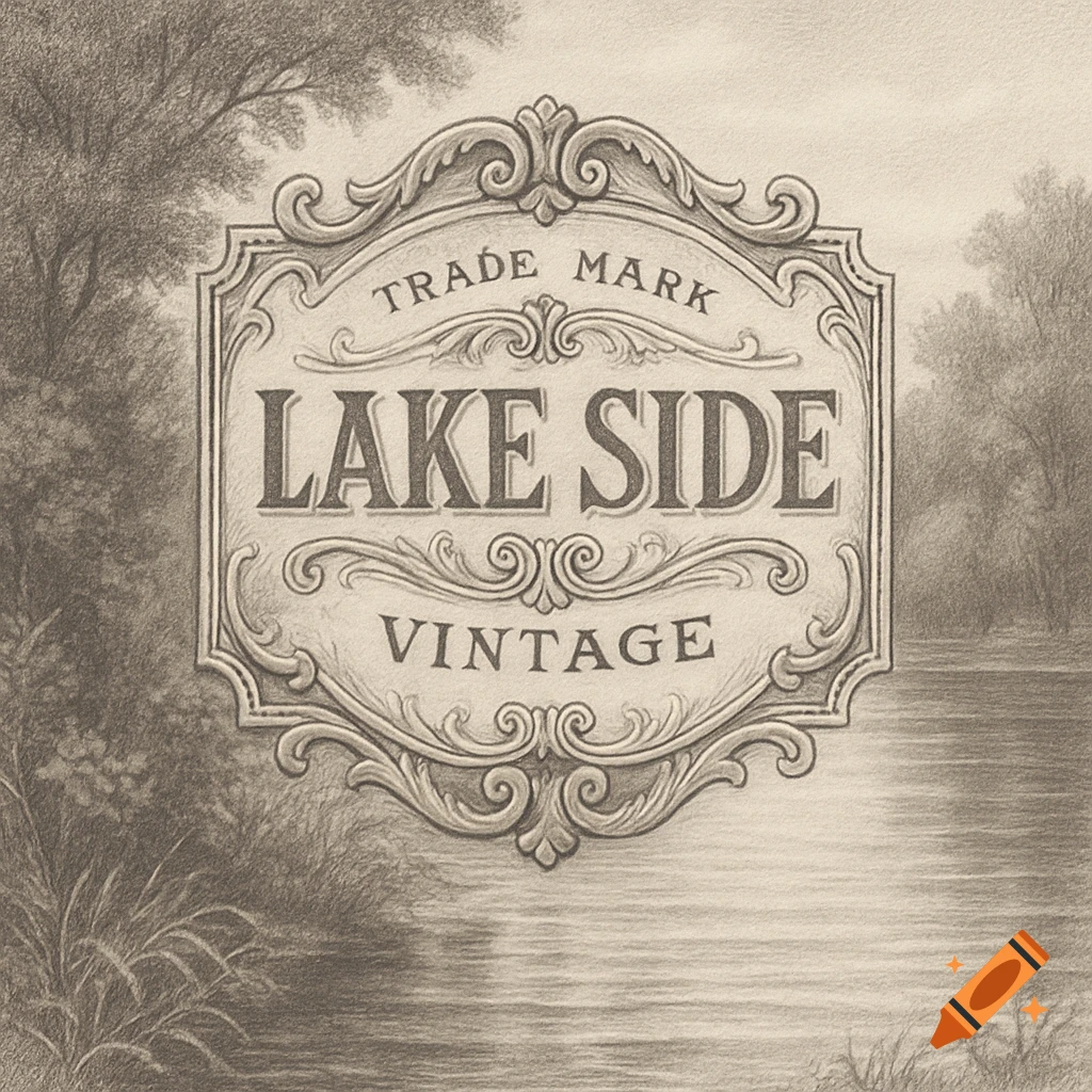 Pencil sketch of an ornate vintage label with 'TRADE MARK', 'LAKE SIDE', 'VINTAGE' text, on a lake and tree background.