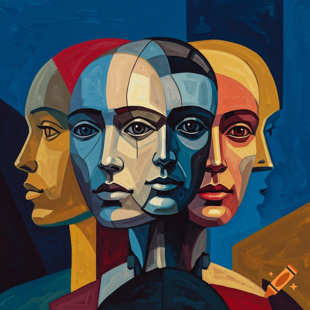 Cubist painting of overlapping, geometrically fractured human faces in bold blue, yellow, and red.
