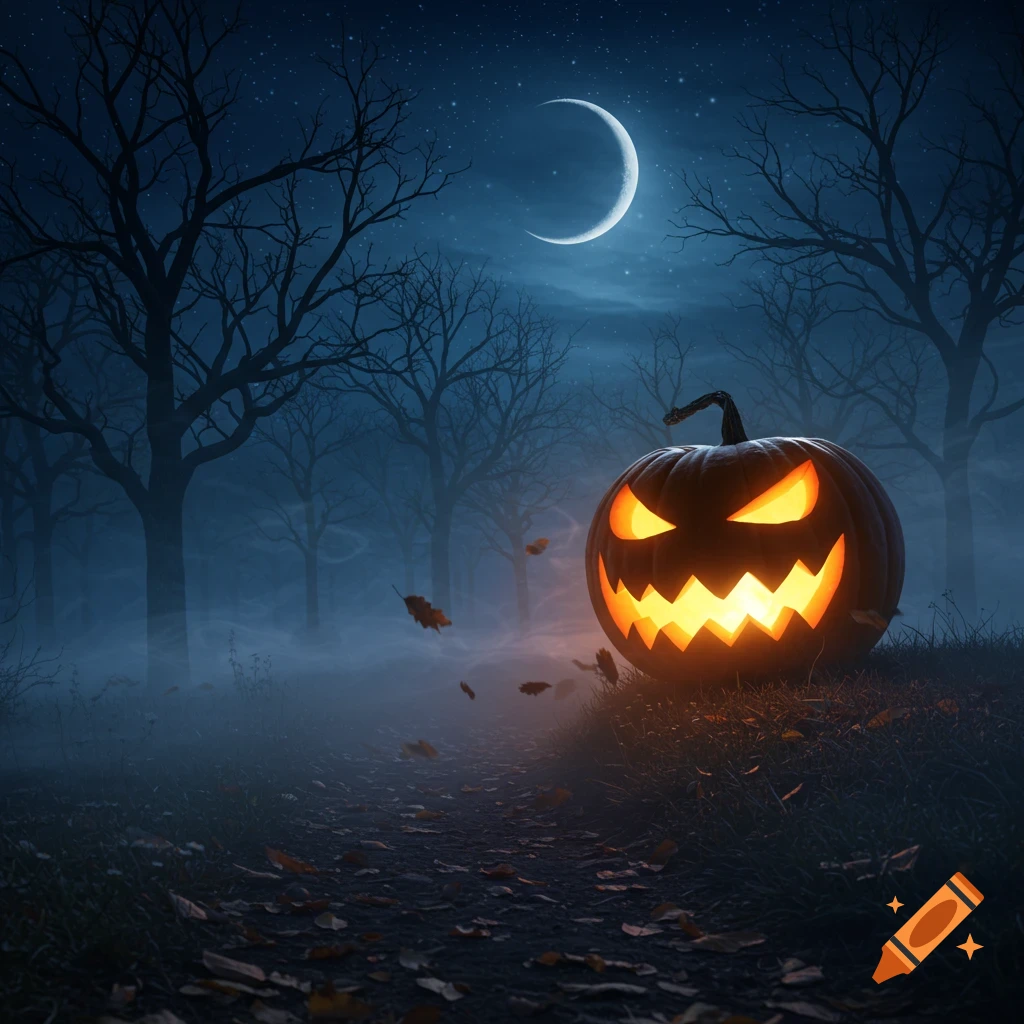 A glowing jack-o'-lantern sits on a grassy hill next to a leaf-strewn path in a dark, misty forest under a crescent moon.