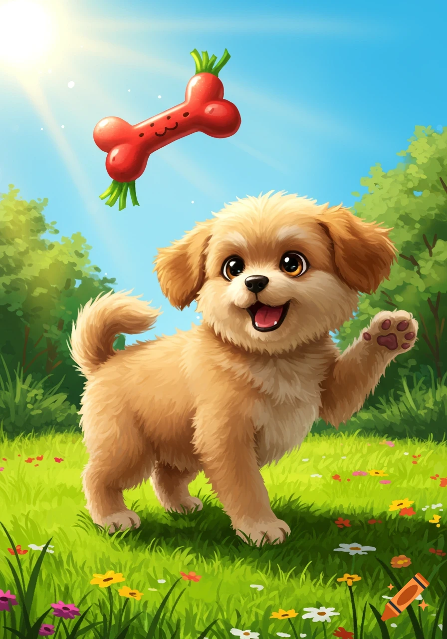 A happy, fluffy golden puppy with big eyes plays in a sunny, grassy field with colorful flowers, looking at a floating red bone toy.