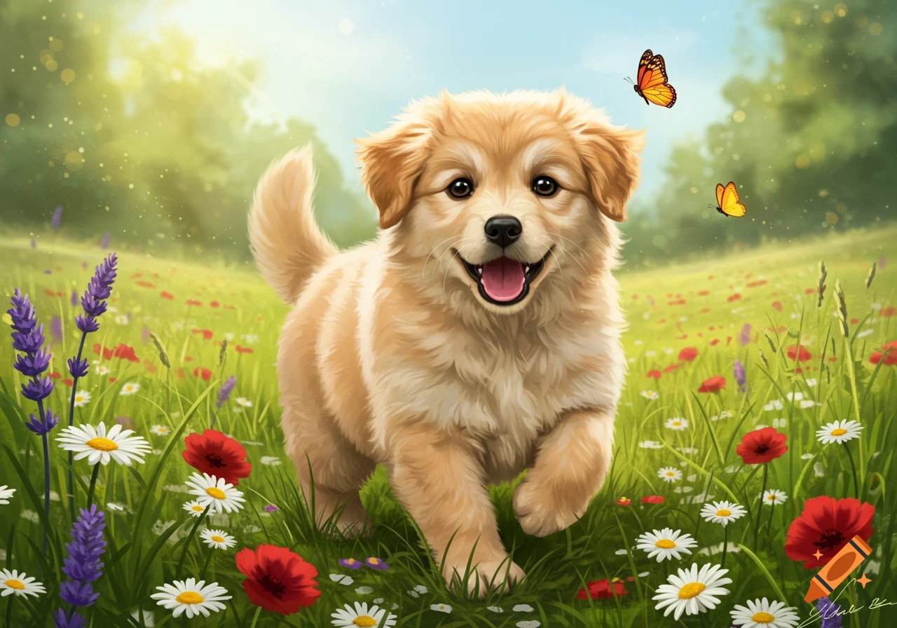 A fluffy golden retriever puppy runs joyfully through a vibrant spring meadow filled with colorful flowers and butterflies. Digital art.