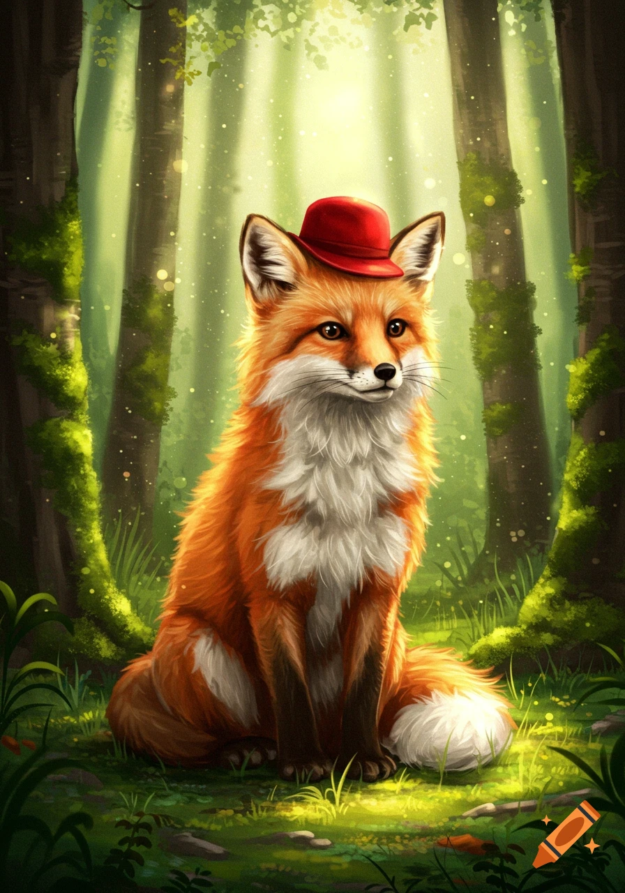 A cute orange and white fox wearing a red hat sits in a lush, magical ...
