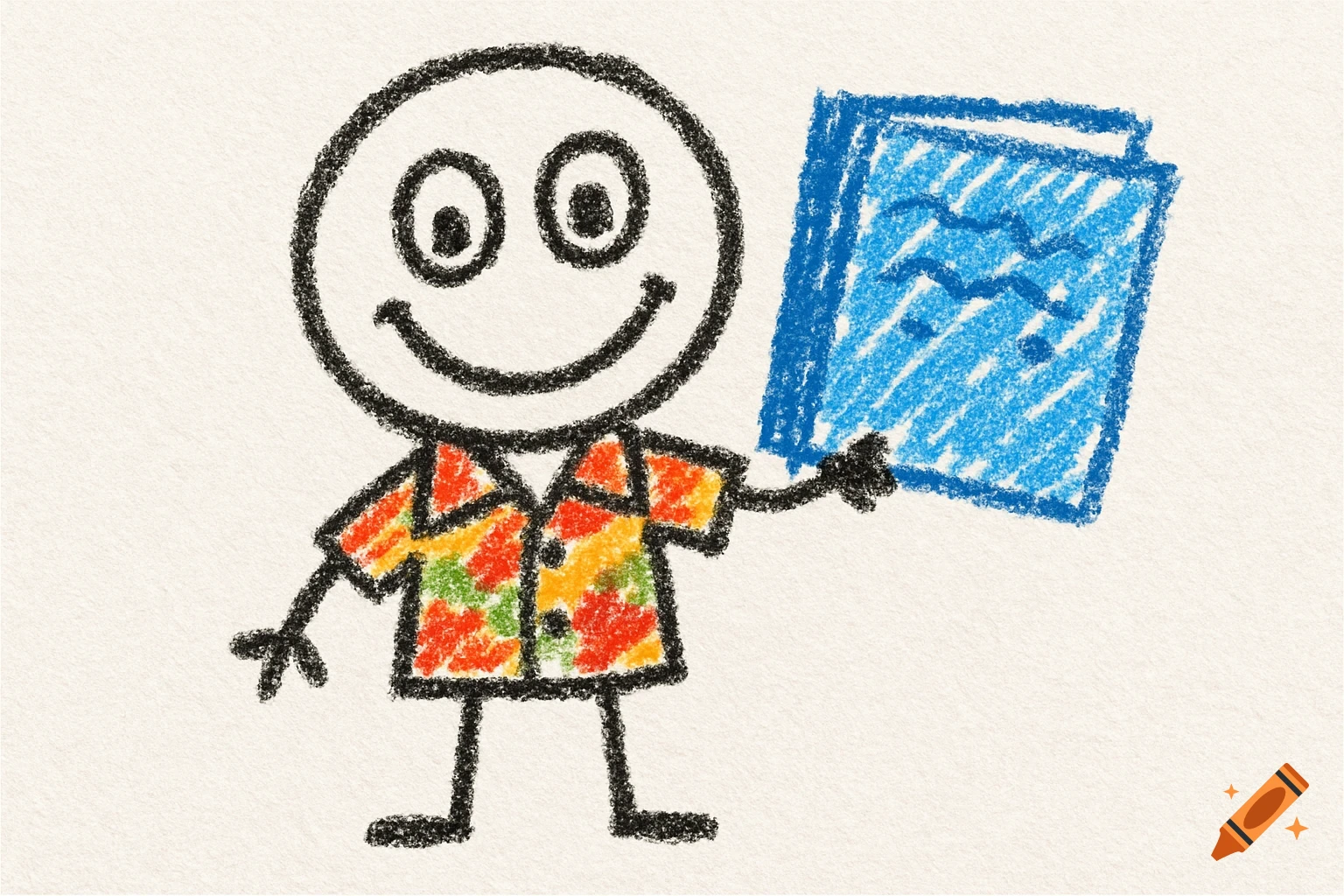 A smiling crayon-drawn stick figure in a Hawaiian shirt holds a blue book.