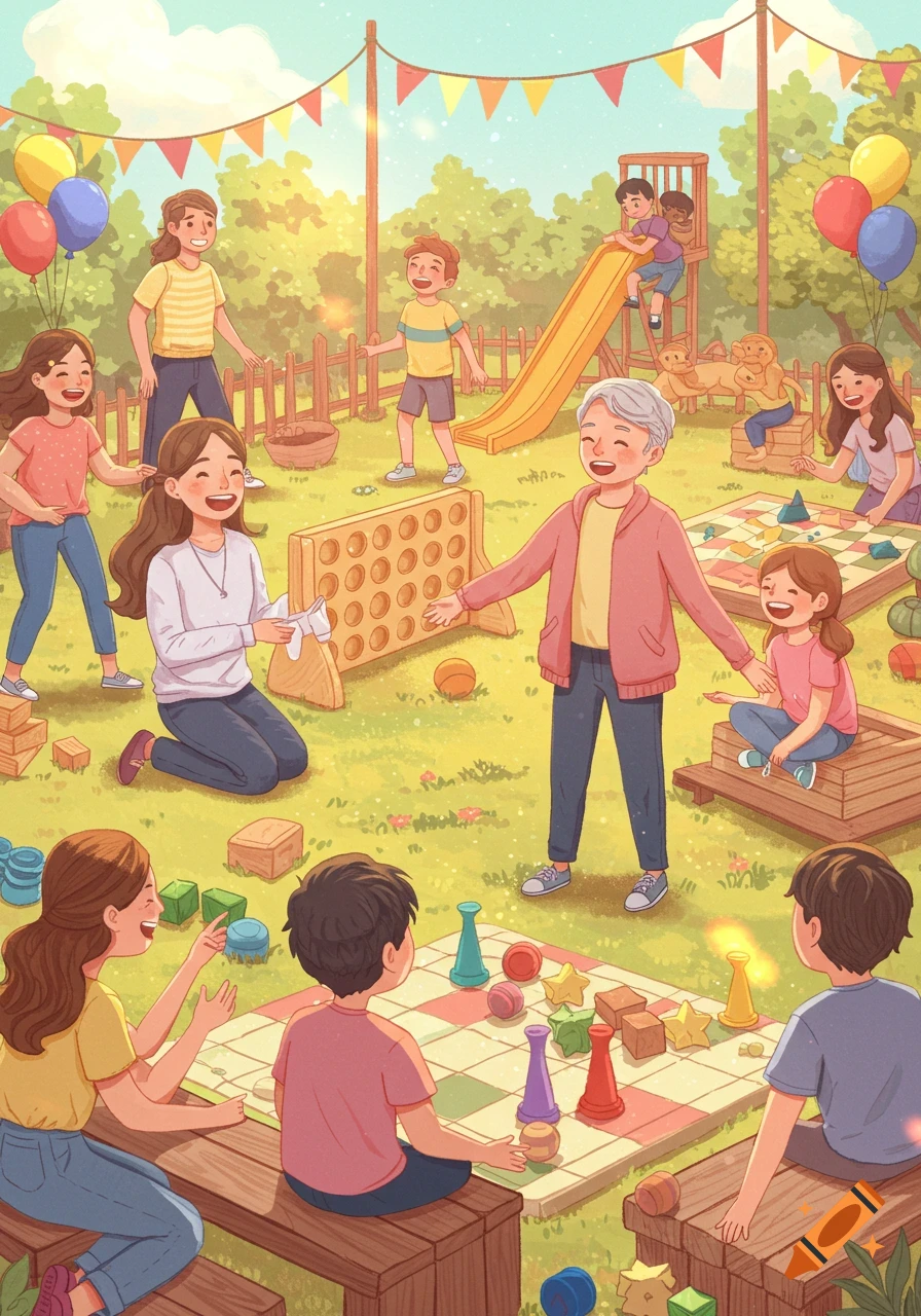 Joyful illustration of families and friends playing board games and on a slide at an outdoor park party with balloons and banners.