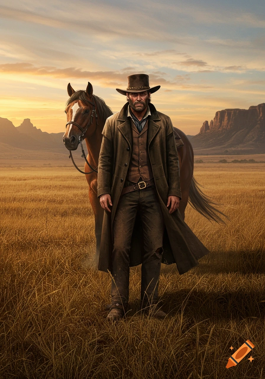 Photorealistic image of a rugged cowboy in a duster coat standing next to his horse in a golden prairie at sunset.